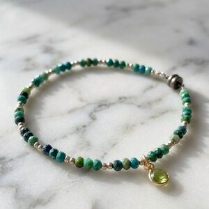 Dainty Gold Filled & Blue-Green Chalcedony Bracelet w/ Gold Plated Peridot Charm